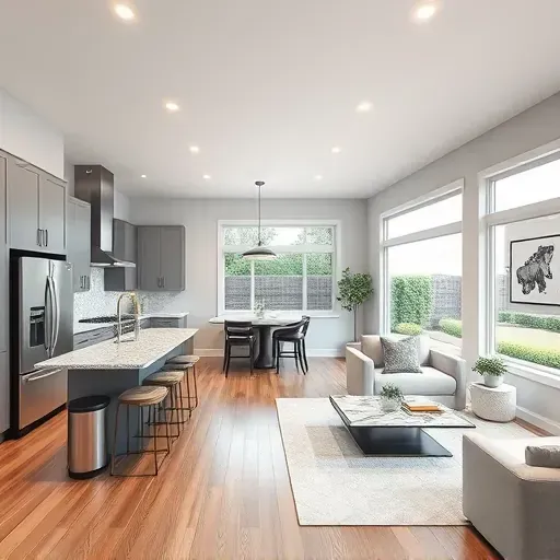 Modern open-concept living space in Clinton MD featuring high ceilings, hardwood floors, and sleek kitchen appliances.