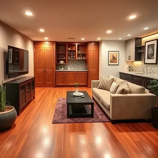 Renovated Hyattsville basement with hardwood floors, modern lighting, custom cabinetry, cozy seating, bar area, laundry corner, and elegant decor