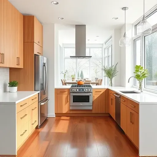 Modern kitchen remodel in Hyattsville, MD with quartz countertops, stainless appliances, and warm wood cabinets.