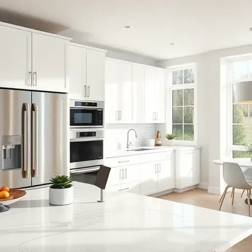 Finished modern kitchen in Hyattsville MD with sleek cabinetry stainless appliances marble countertops neutral walls natural light and organized decor