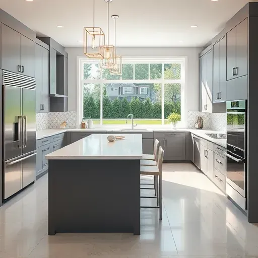 Renovated Lanham Maryland kitchen with modern gray cabinets quartz countertops stainless steel appliances and spacious island