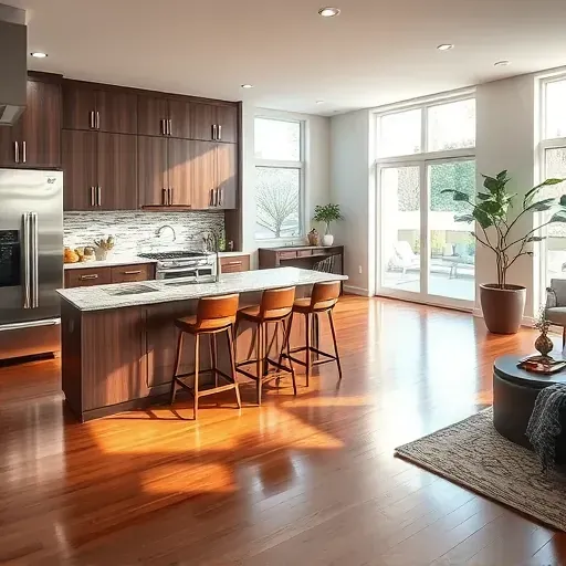Remodeled kitchen in Oxon Hill MD with dark wood cabinets, granite countertops, stainless steel appliances, and polished hardwood floors.