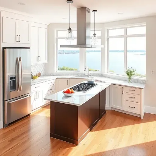 Recently remodeled Annapolis kitchen with modern design, large windows, quartz countertops, stainless steel appliances, and warm hardwood flooring