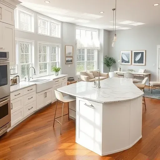 Modern Crofton MD kitchen remodel features white cabinets, marble counters, warm wood floor, and bright natural light.