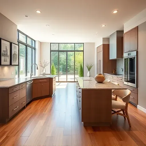 Modern kitchen and living area in Washington D.C. with sleek cabinetry, granite island, recessed lighting, and elegant décor.