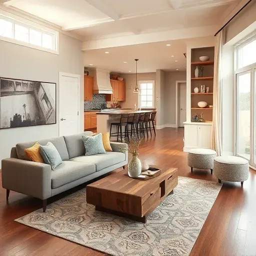 Modern living room in Capitol Heights MD features sleek sofa, textured pillows, reclaimed wood coffee table, and artistic decor.