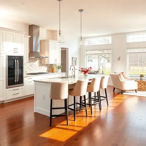 Beautifully remodeled kitchen with modern white cabinetry, granite island, and warm sunlight highlighting elegant design.
