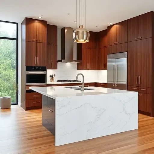 Modern Hyattsville kitchen with sleek marble island, dark wood cabinets, stainless steel appliances, and large windows flooding natural light