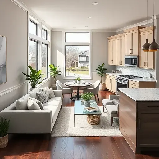 Modern remodeled living space in Rockville MD with sleek furniture, natural light, and chic kitchen design.