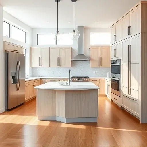 Renovated Suitland MD kitchen with quartz countertops stainless steel appliances light wood cabinetry large windows central marble island pendant lights hardwood floors subtle tile backsplash