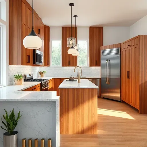 Modern kitchen remodel in Hanover MD with warm wood cabinetry, granite countertops, stainless steel appliances, and hardwood flooring.