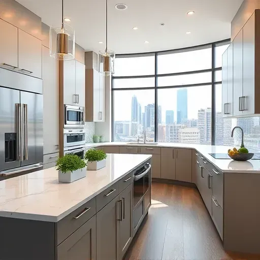 Renovated Baltimore kitchen with sleek cabinetry, quartz countertops, stainless steel appliances, city views, and vibrant herbs