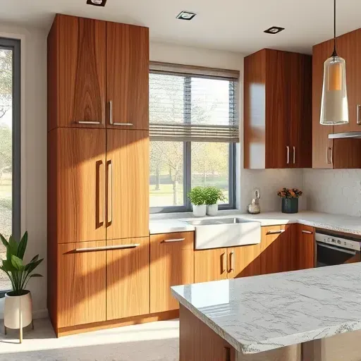 Modern kitchen with custom wood grain cabinets, sleek hardware, natural light, granite countertops, and elegant decor in Hyattsville MD