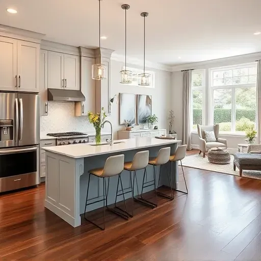 Modern remodeled kitchen in Laurel MD with elegant cabinetry, quartz countertop, stainless steel appliances, and a cozy living area.