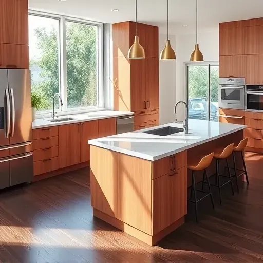 Remodeled Mount Rainier MD kitchen with modern wood cabinetry stainless steel appliances marble island natural light hardwood floors and contemporary decor