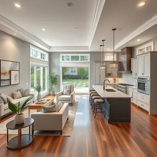 Elegant remodeled living space in Beltsville MD with contemporary furniture, stylish lighting, and polished kitchen.