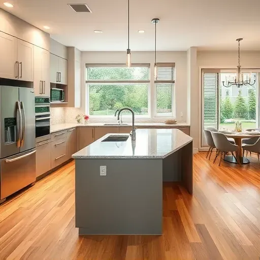 Freshly renovated Greenbelt MD kitchen with modern matte cabinets, stainless steel appliances, granite island, hardwood floors, and a landscaped backyard view