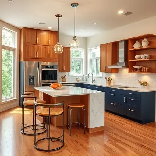 Modern kitchen in Beltsville, MD featuring sleek appliances, glossy countertops, custom cabinetry, and elegant lighting.