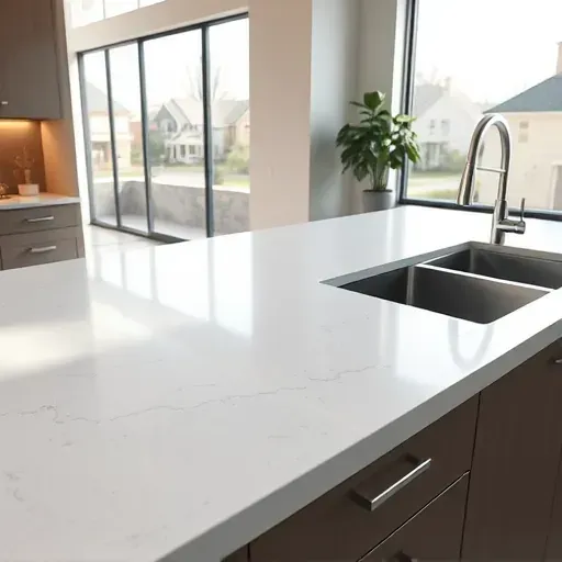 Newly installed polished quartz kitchen countertop in Hyattsville Maryland with custom cabinetry and modern fixtures