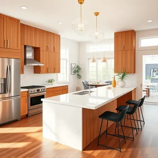 Renovated Laurel Maryland kitchen with sleek wood cabinets stainless steel appliances marble island subway tile backsplash pendant lighting large windows hardwood flooring minimalist decor and open layout