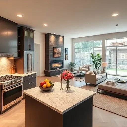 Stylish kitchen remodel in Mount Rainier MD with granite island, stainless steel appliances, and spacious living area.