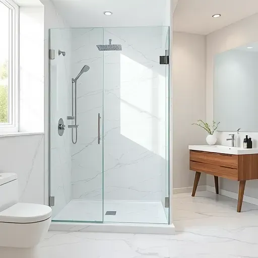 Completed walk-in shower with white marble tiles, brushed nickel fixtures, frameless glass, modern bathroom in Hyattsville MD