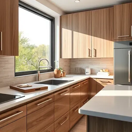 Newly installed modern kitchen cabinets in Hyattsville MD with smooth wood grain, soft-close drawers, and polished chrome handles