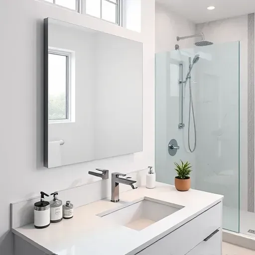 Modern bathroom with a frameless mirror, marble countertops, chrome fixtures, tiled shower, and natural light in Hyattsville MD