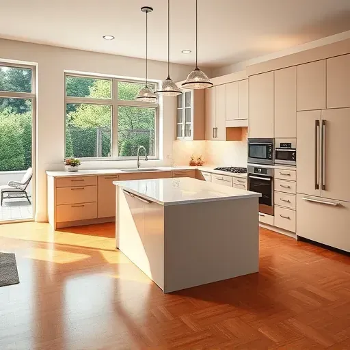 Recently remodeled modern kitchen in Gaithersburg MD with sleek cabinetry, marble island, high-end appliances, and natural light