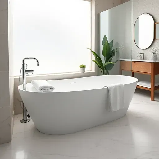 Modern white bathtub with chrome fixtures in a sleek bathroom with marble walls, natural light, and minimalist decor