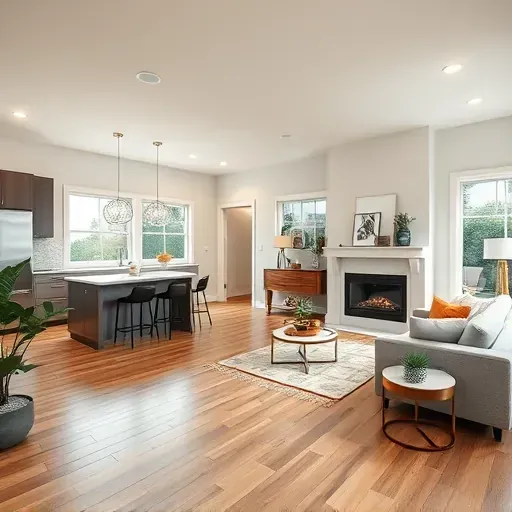 Completed remodeling project in Waldorf MD featuring open-concept living area with modern design and cozy elements.