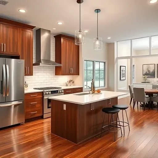 Bright renovated Bowie MD kitchen with quartz countertops stainless steel appliances custom wood cabinetry large island subway tile backsplash hardwood floors and natural light