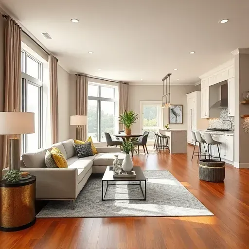 Renovated living room in Bowie MD with modern furniture, natural lighting and seamless connection to a gourmet kitchen.