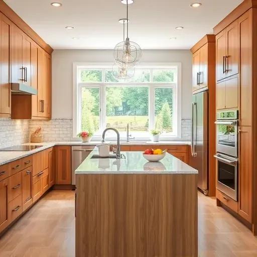 Remodeled kitchen in Odenton MD with warm wood cabinets stainless steel appliances granite island natural light outdoor view