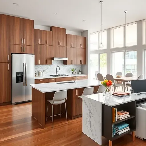 Modern kitchen remodel in Chillum MD with walnut cabinets, marble countertops, and inviting open layout.