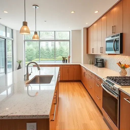 Recently remodeled modern kitchen in Rockville with granite countertops, custom wood cabinetry, stainless steel appliances, and abundant natural light