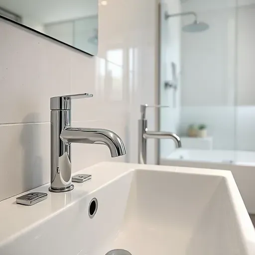 Modern bathroom plumbing with chrome fixtures, polished piping, tiled walls, marble countertop, and natural lighting in Hyattsville MD