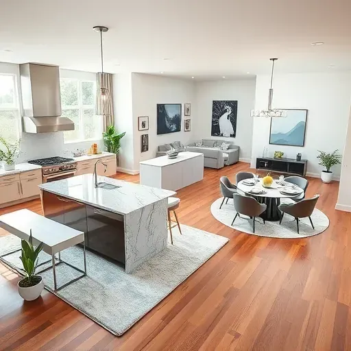 A stylish open-concept living space in Bowie MD featuring modern decor, hardwood floors, and vibrant indoor plants.