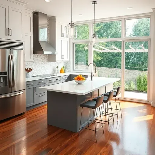 Remodeled modern kitchen in Hanover MD with sleek cabinetry quartz countertops stainless steel appliances tiled backsplash hardwood floor and natural light