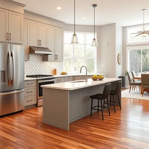 Renovated Suitland Maryland modern kitchen with matte cabinetry stainless steel appliances marble island detailed backsplash bright natural light hardwood floors