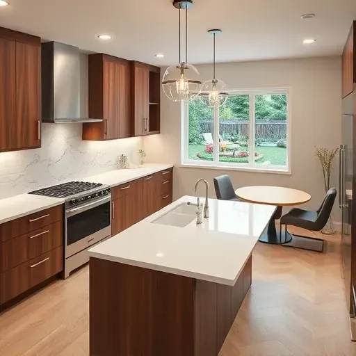 Contemporary kitchen remodel in Laurel MD with walnut cabinetry, quartz island, and elegant lighting fixtures.