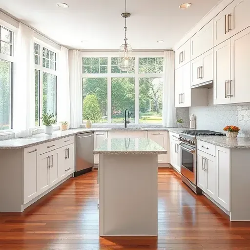 Modern remodeled kitchen in Rockville MD with white cabinetry, marble island, granite countertops, stainless steel appliances, and garden view
