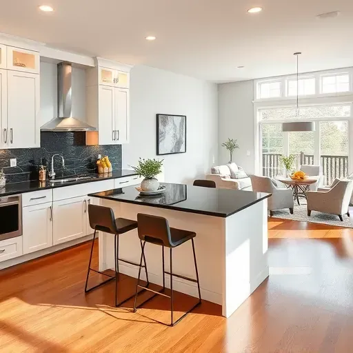 Modern kitchen remodel in Waldorf MD featuring sleek white cabinetry, dark granite countertops, and warm hardwood flooring.