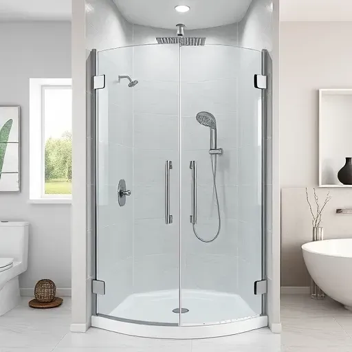 Modern shower unit with glass doors chrome fixtures rainfall head polished tiles bright natural light elegant bathroom setting