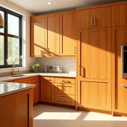 Refinished modern kitchen cabinets with glossy finish, detailed wood grain, natural light, granite countertops, and stylish backsplash in Hyattsville Maryland