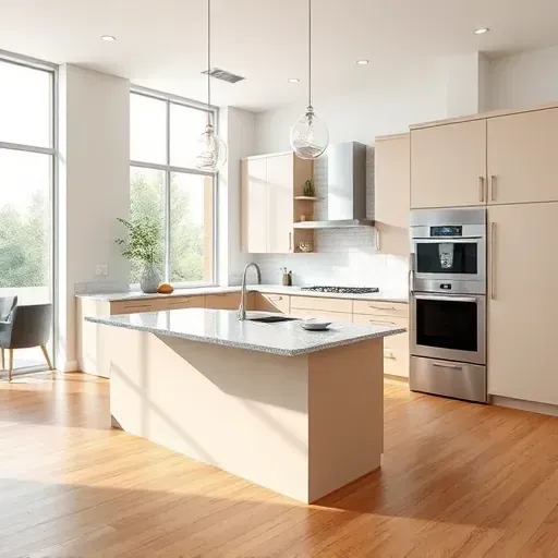 Recently remodeled kitchen in Arlington VA featuring sleek cabinetry, granite island, and stainless steel appliances.