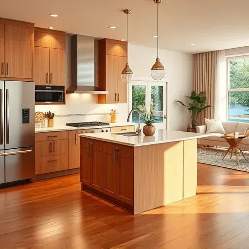 Recently renovated District Heights kitchen featuring modern wood cabinetry, quartz island, stainless steel appliances, and natural light.