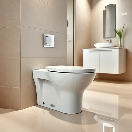 Modern sleek toilet installed in a clean bathroom with polished tiles, stylish vanity, soft lighting, emphasizing quality and reliability