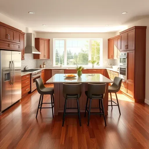 Modern kitchen remodel in Odenton, MD features mahogany cabinets, granite countertops, stainless steel appliances, and smart tech.