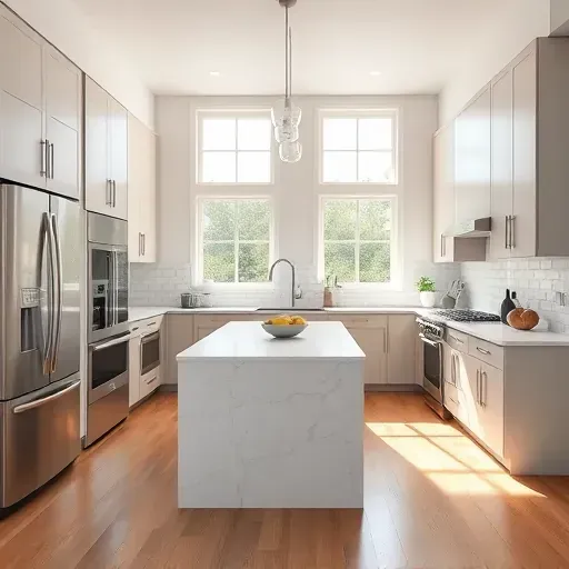 Newly renovated Largo MD kitchen with modern cabinetry, stainless steel appliances, quartz countertops, and natural light.